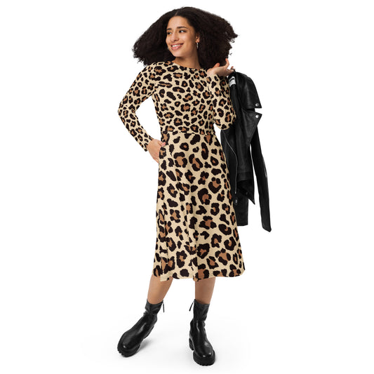 Leopar Chic Feline Women's Long Sleeve Midi Dress - FLAKOUT