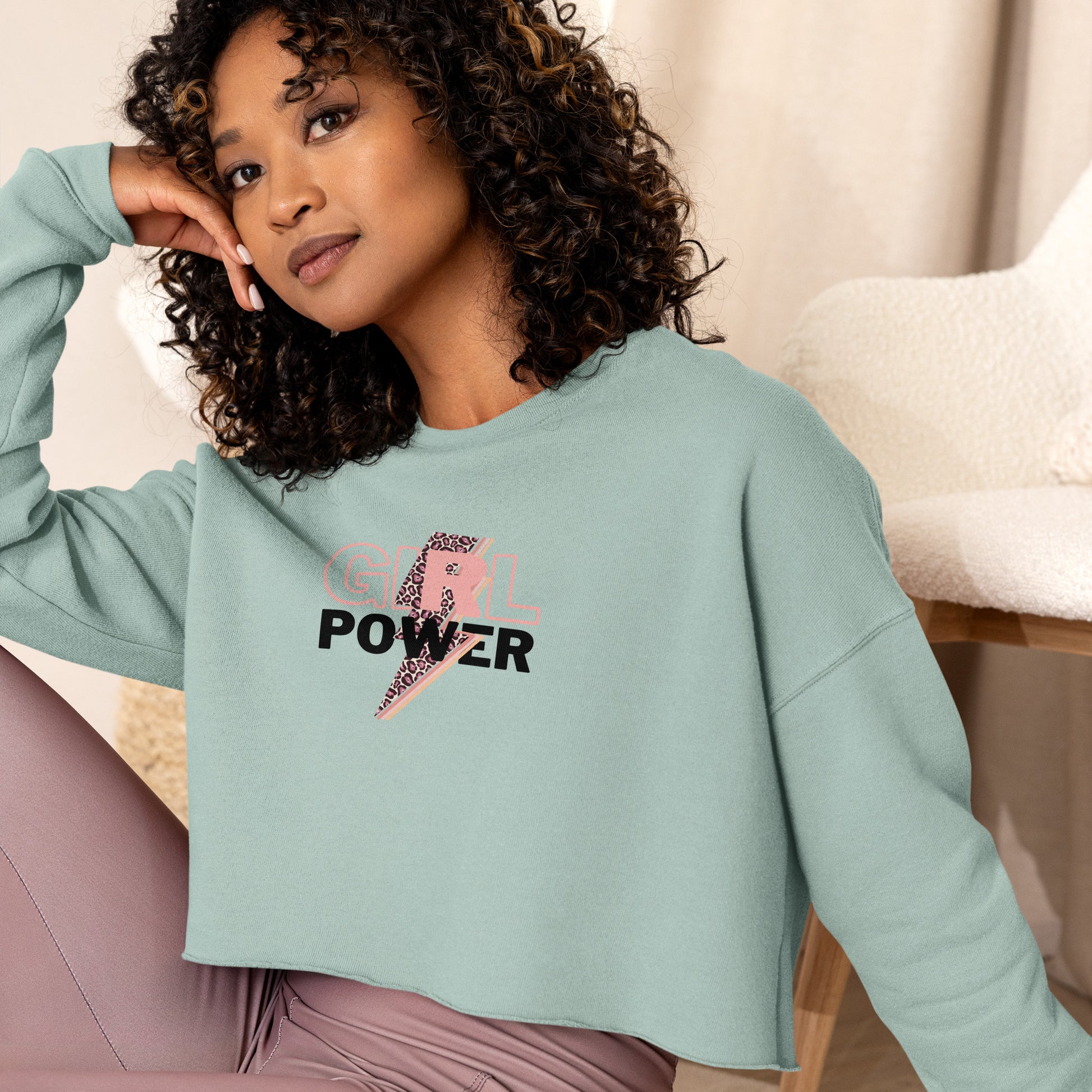 Queenly Girl Power Rebellion Women's Crop Sweatshirt - Dusty Blue - FLAKOUT